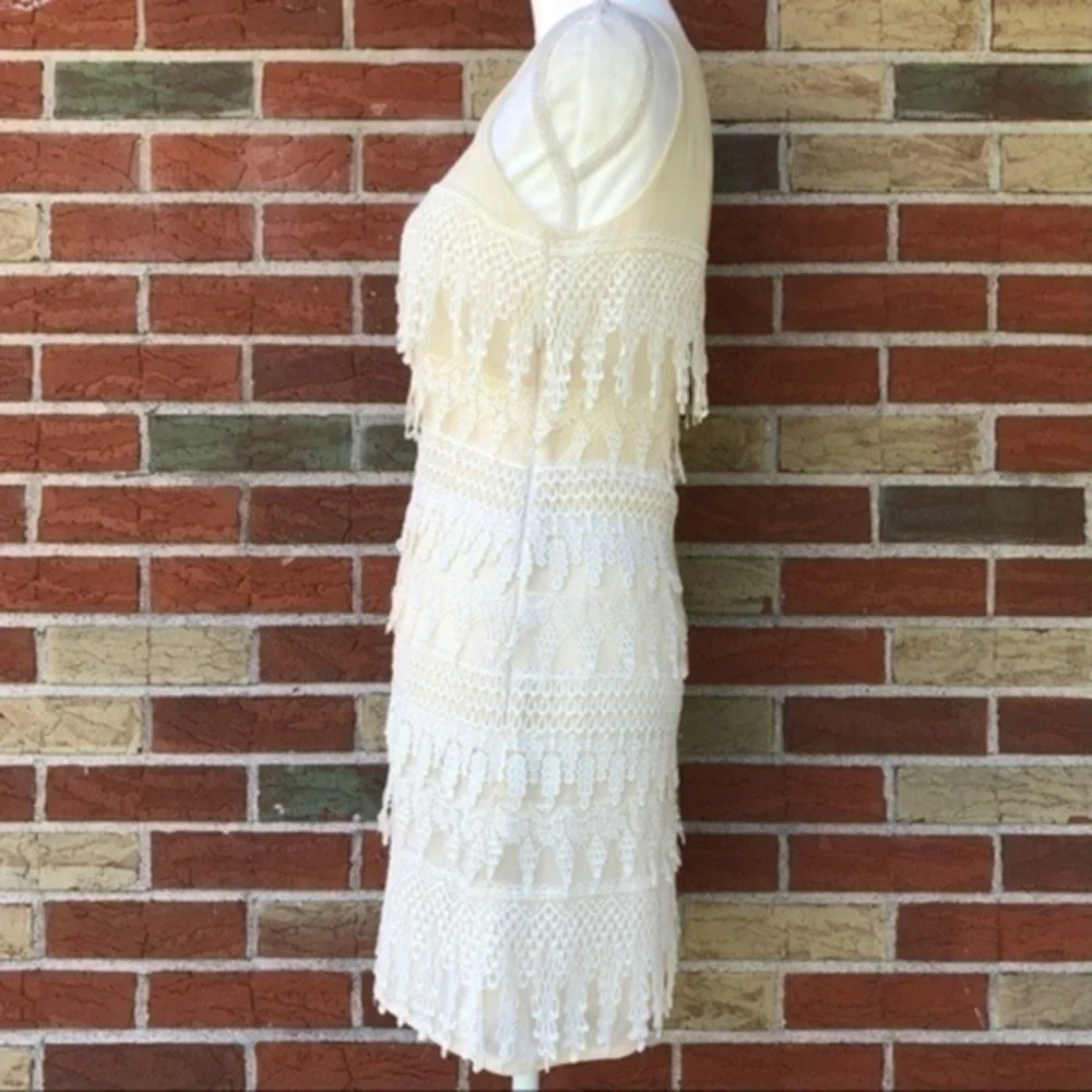Dress the Population Crochet Chiffon Tiered Fringe Lace Cream Mini Dress 👗